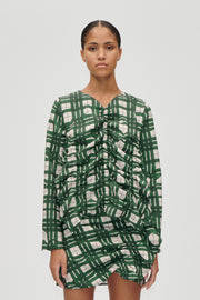 Stine Goya Long Sleeve Gathered Ruffle Top Top Checkered Wave