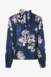 Stine Goya Back Tie Blouse Top Blush Roses On Indigo
