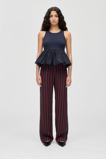 Stine Goya Elasticated Long Pants Pants Navy and Burgundy Wallpaper Stripes