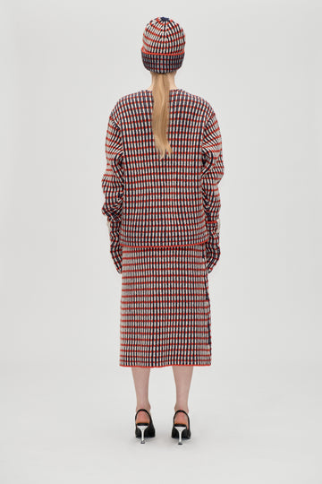 Stine Goya Plaited Flared Skirt Knit Navy / Red / Cream