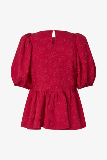 Stine Goya Puff Sleeve Peplum Top Top Red Rose Relief