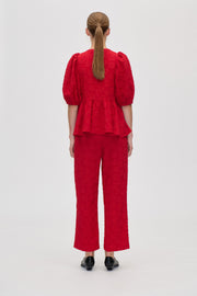 Stine Goya Puff Sleeve Peplum Top Top Red Rose Relief
