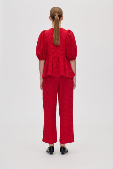 Stine Goya Puff Sleeve Peplum Top Top Red Rose Relief