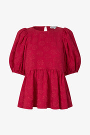 Stine Goya Puff Sleeve Peplum Top Top Red Rose Relief