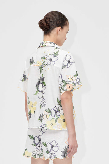 Stine Goya Scalloped Short Sleeve Shirt Top Wild Flowers Embroidery