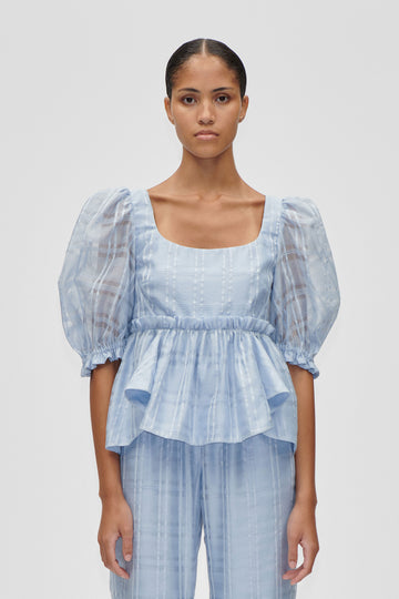 Stine Goya Sheer Ruffling Puffy Sleeve Top Top Brunnera Blue