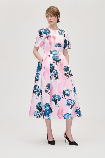 Stine Goya Statement Volume Midi Dress Dress Blue Roses On Blush