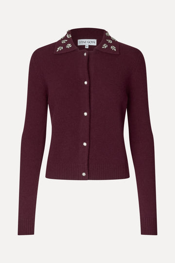 Stine Goya Wide Collar Long Sleeve Cardigan Knit Bordeaux